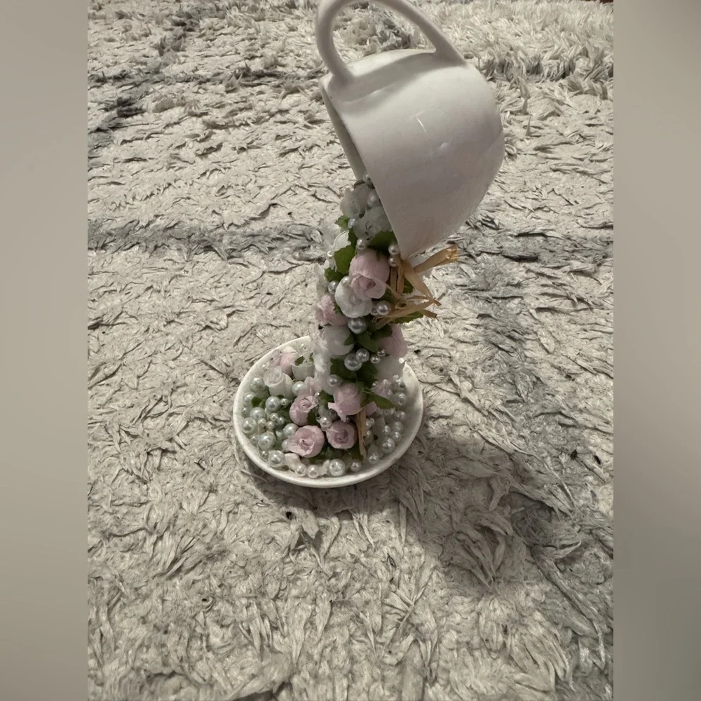 Homemade, Floating Teacup with Pink and White Flowers - Picture 3 of 5